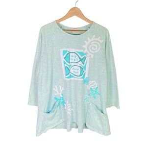 Jess & Jane 100% Cotton Shirt Women’s Size XL Fish + Beachy Graphic with Pockets